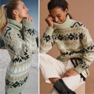 Anthropologie | NWT Mint Green Fair Isle Turtleneck Fisherman Sweater